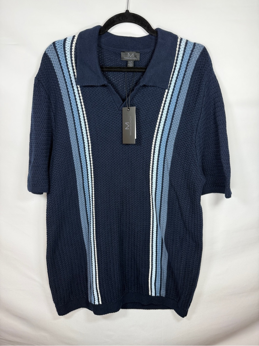 Magaschoni Men’s Large Knit Polo Shirt Short Sleeve Navy Striped Retro Sweater L